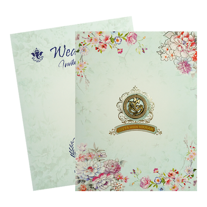 Mint Blue Floral Ganesha Wedding Card-KNKJ1089