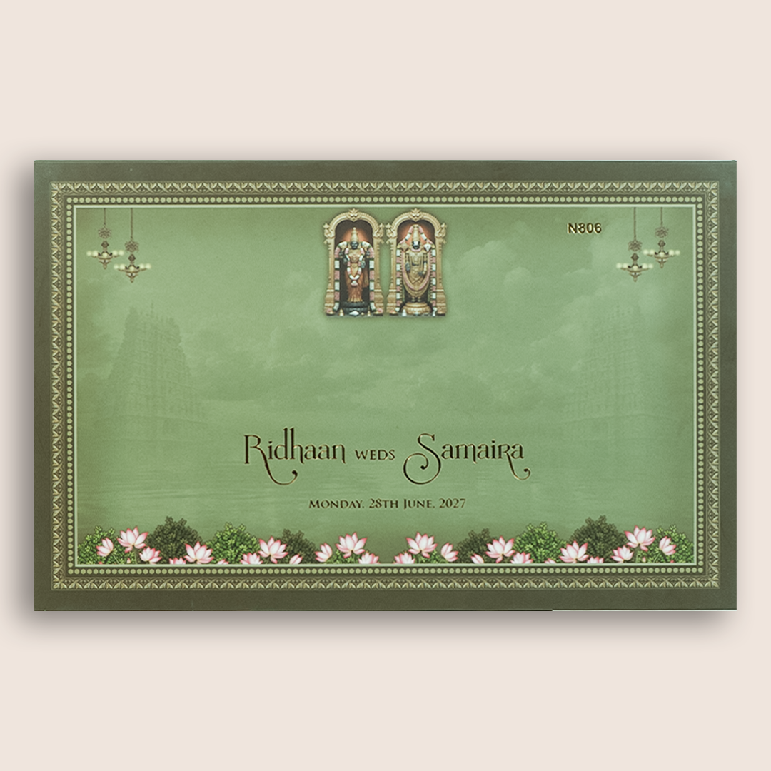 Green Lord Balaji Padmavathi Padded Marriage Card - KVN08060