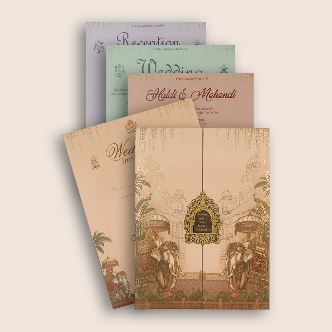 Peach Royal Baraat Padded Door Style Wedding Card - KSH18490