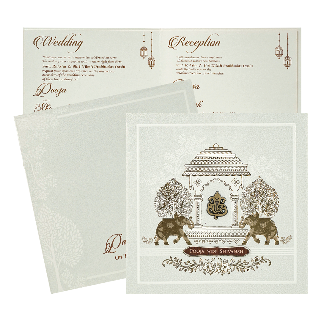 White Ganesha Elephant Wedding Card-KRE27740