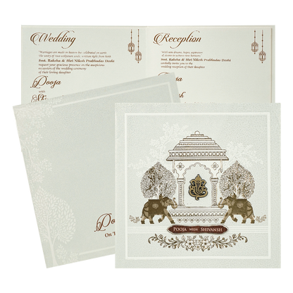White Ganesha Elephant Wedding Card-KRE27740