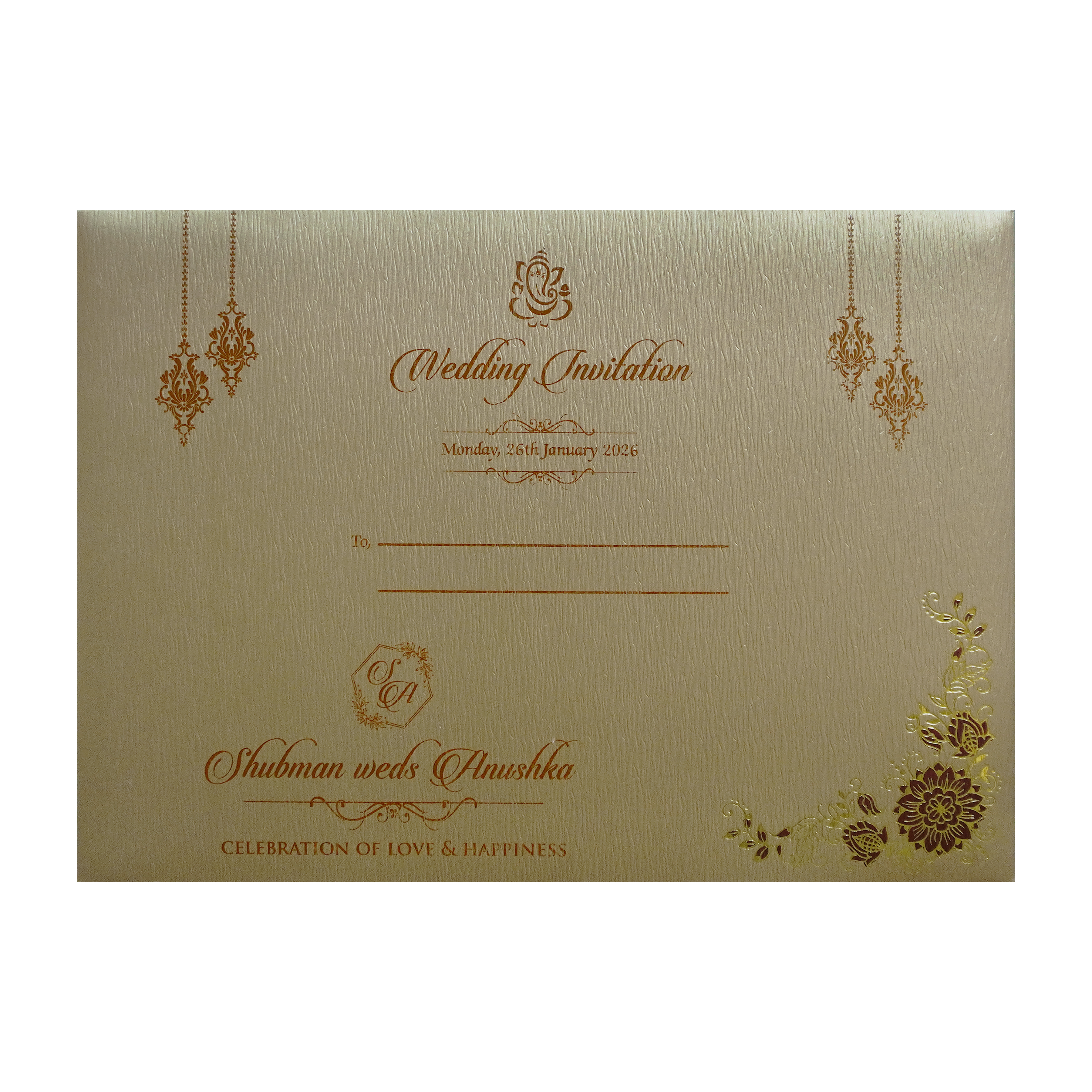 Gold Embossed Floral Padded Wedding Card-KRB09670