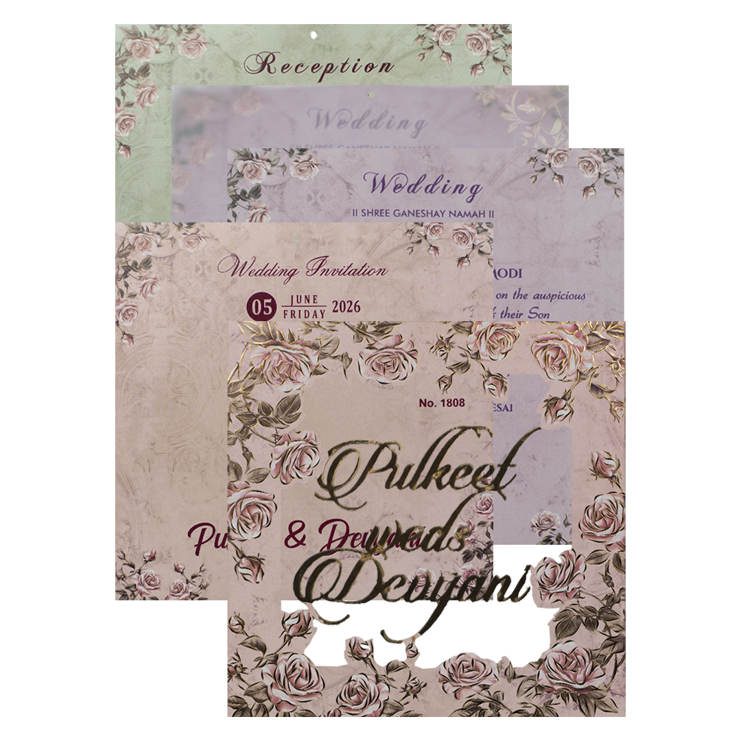 Pink Laser Cut Padded Wedding Card-KJTS1808