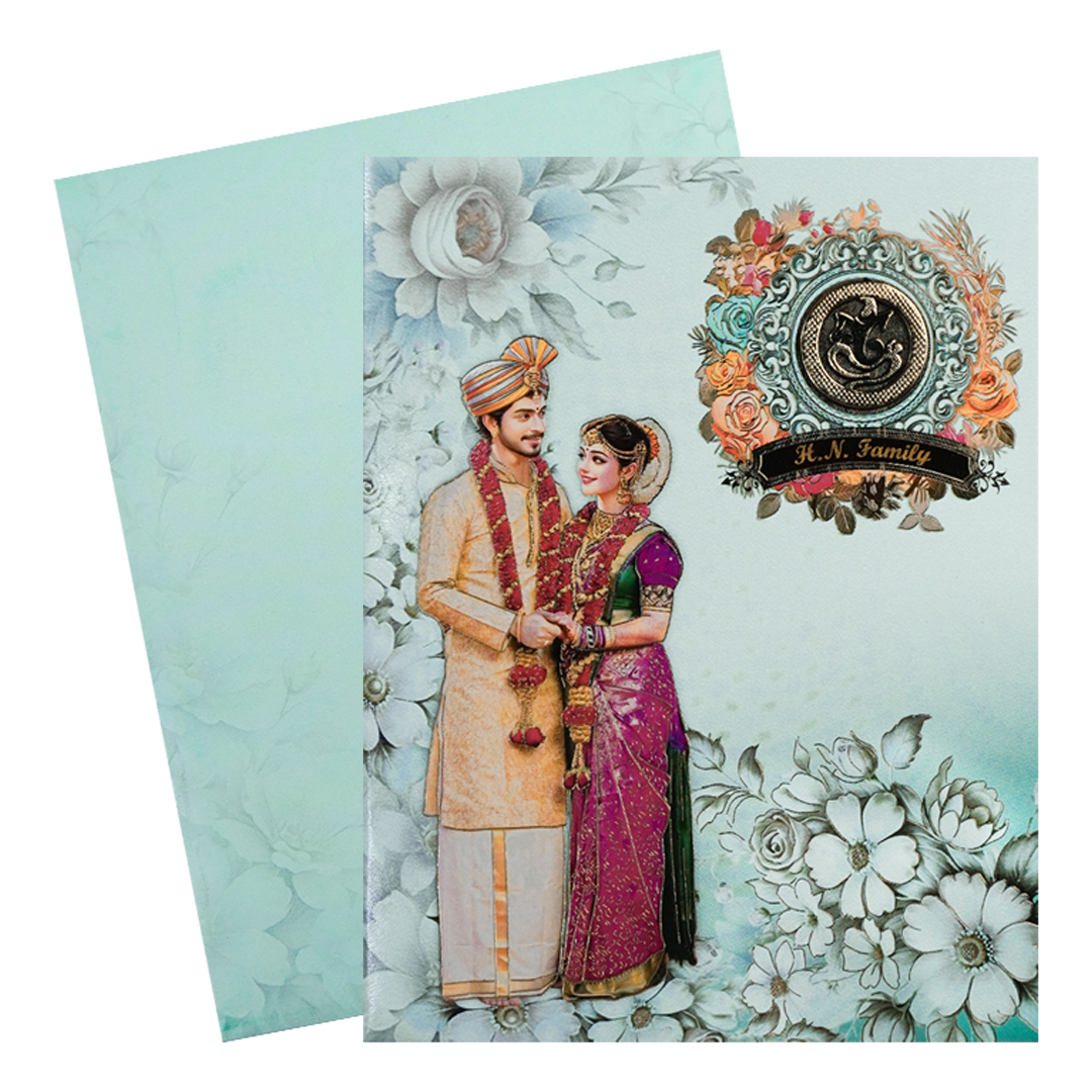 Blue Floral Couple Wedding Card-KNKJ1146