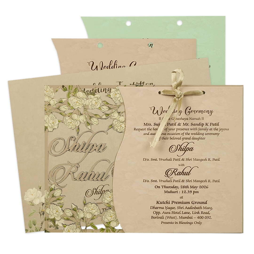 Cream Ivory Floral Ribbon Wedding Card-KRE26730