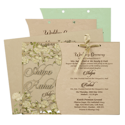 Cream Ivory Floral Ribbon Wedding Card-KRE26730