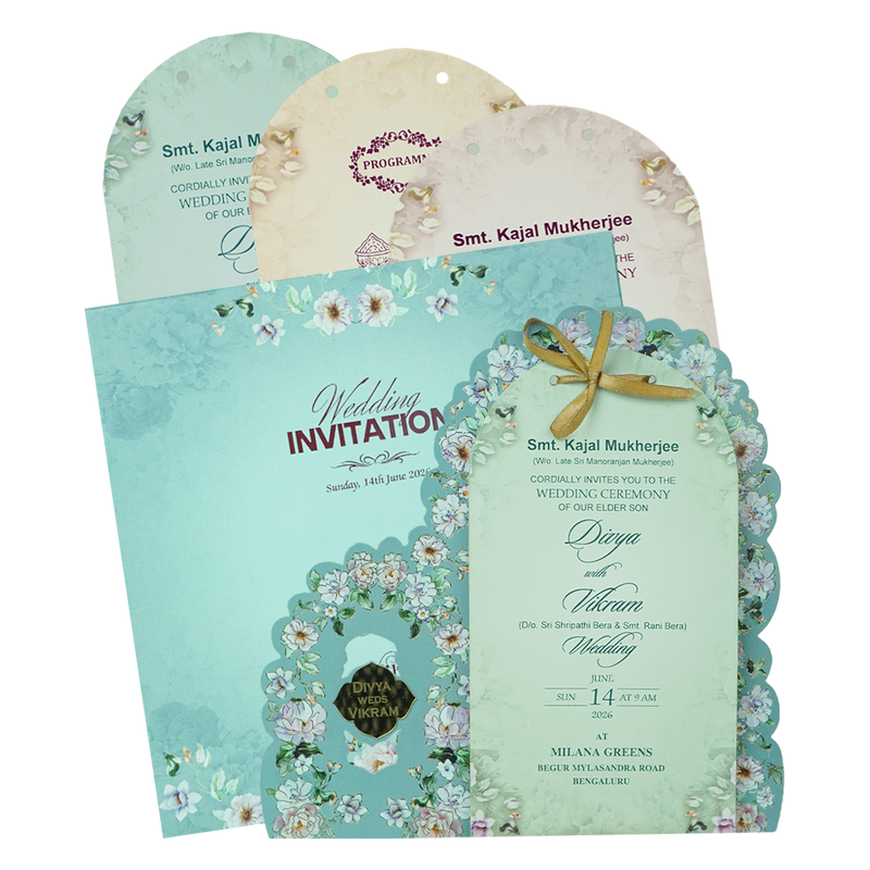 Blue Laser Cut Floral Wedding Card - KNBS3404