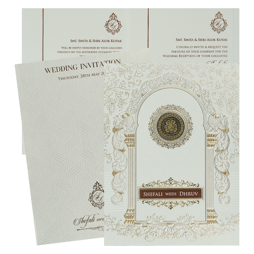White Ganesha Arch Wedding Card-KRE28410