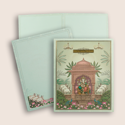 Green Lord Ganesha Temple Floral Wedding Card - KNKJ1163