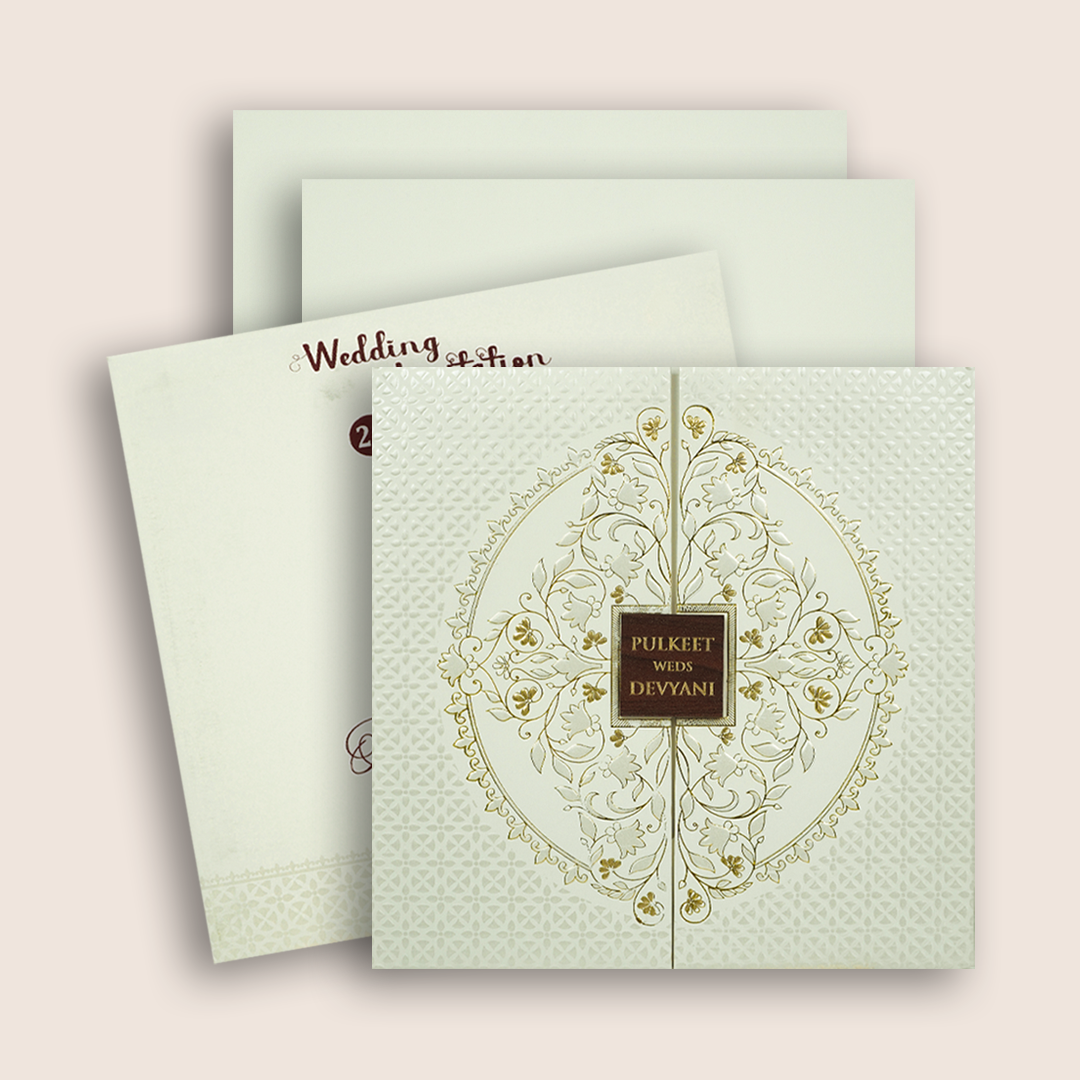 White Floral Padded Door Style Wedding Card - KJTS1855