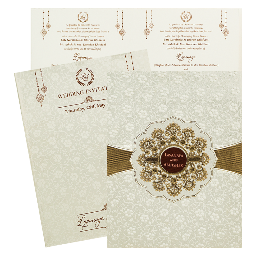 White Gold Embossed Medallion Wedding Card-KRE27640