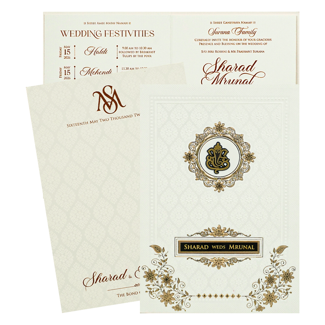 White Ganesh Embossed Floral Wedding card-KRE28650