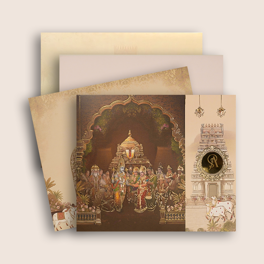 Brown Ram Sita Door Style Wedding Card - KNCR8911