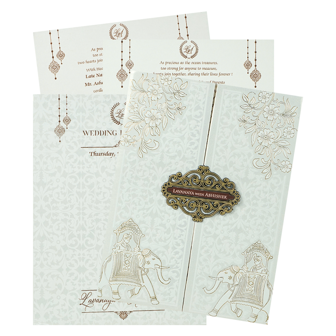 White Floral Royal Elephant Padded Wedding Card-KRE26370