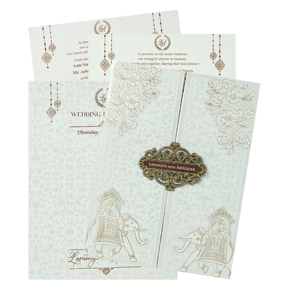 White Floral Royal Elephant Padded Wedding Card-KRE26370