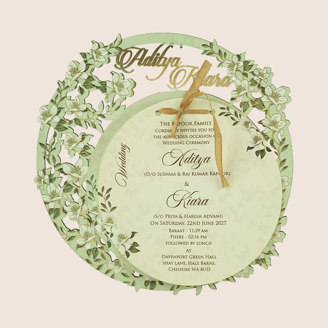 Mint Green Floral MDF Laser Cut Marriage Card - KFR17050