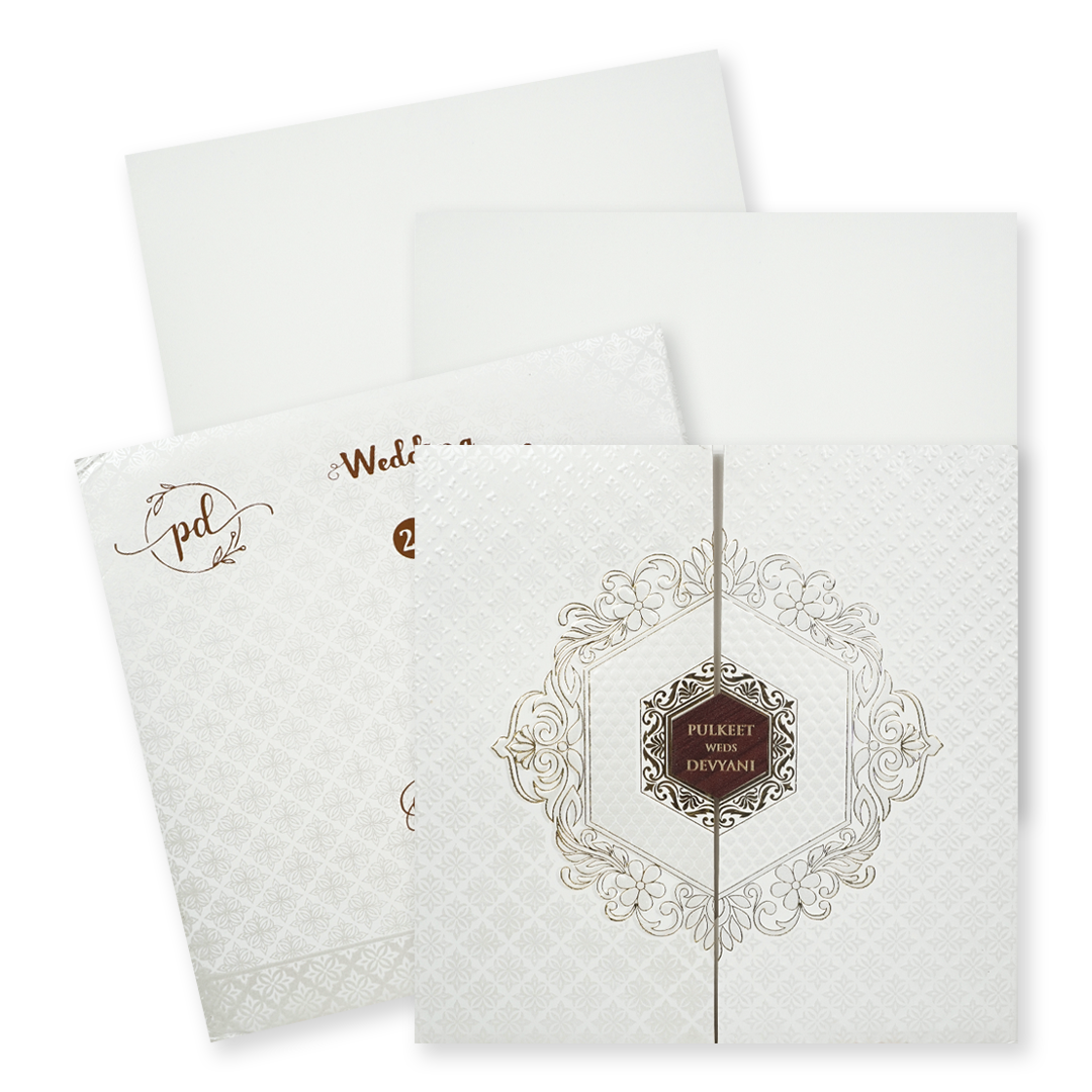 White Floral Hexagon Padded Wedding Card-KJTS1857