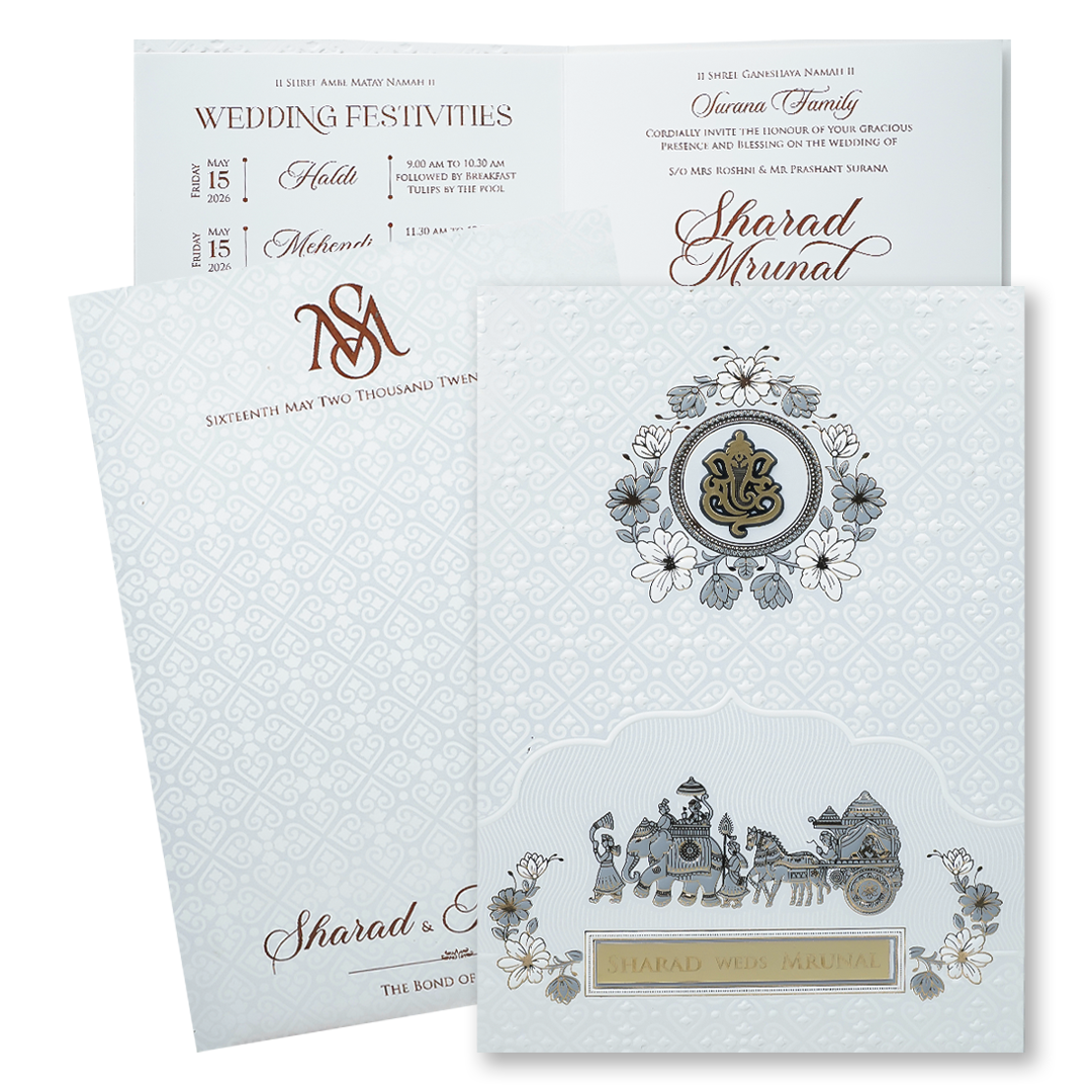 Check out White Embossed Procession Wedding at best price.WhatsApp Support |Express Delivery|King of cards.