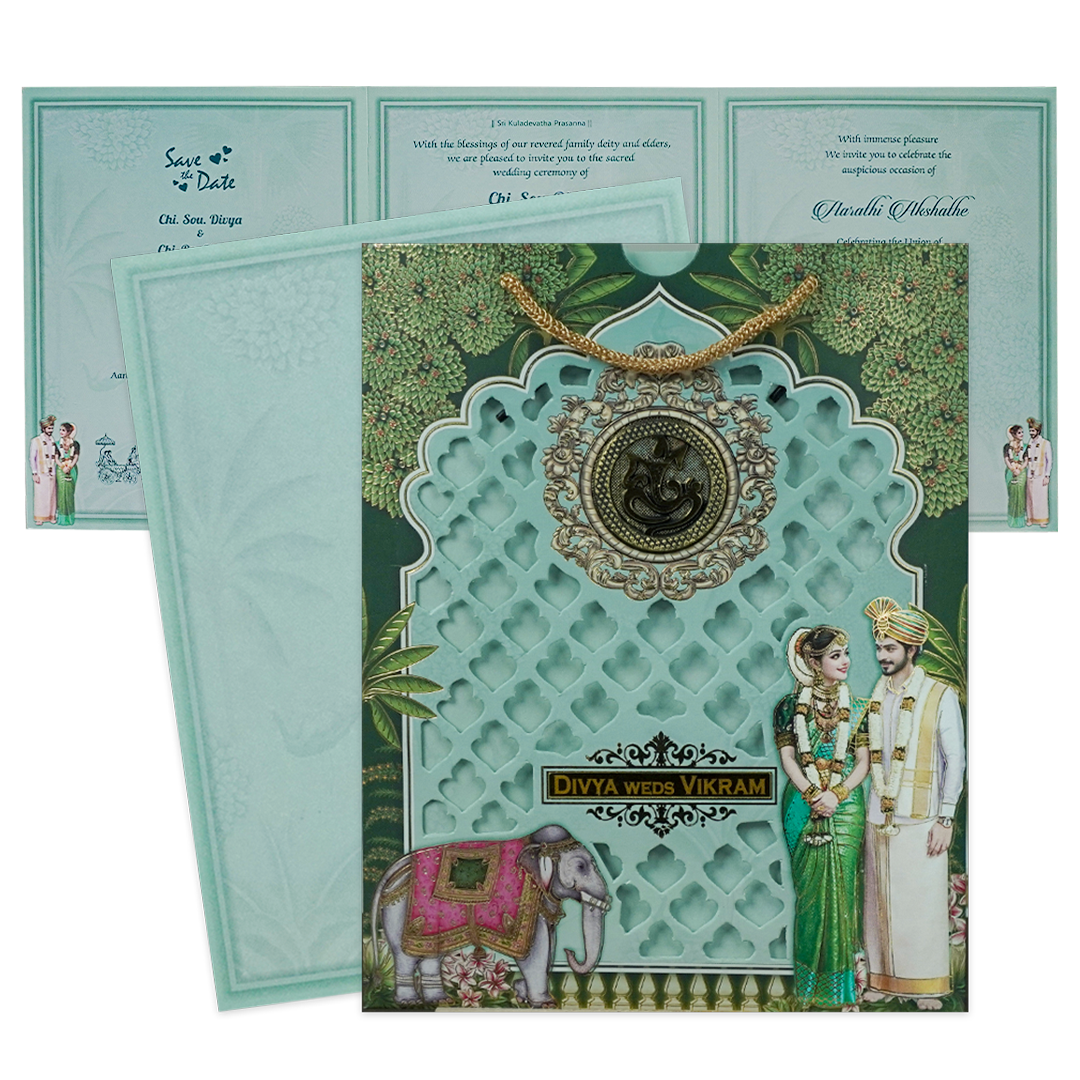 Green Elephant Couple Laser-Cut Wedding Card-KNKQ8306