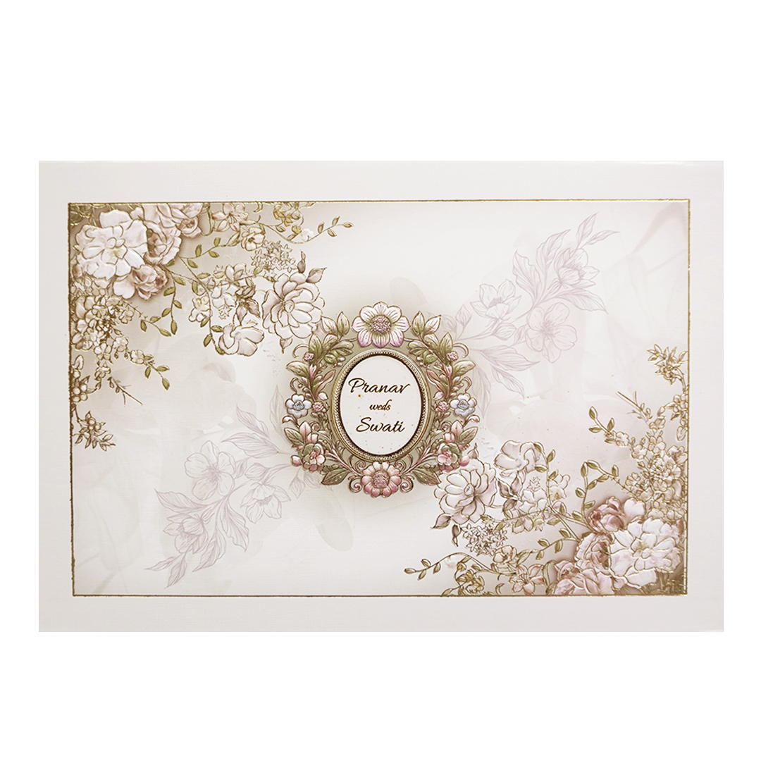 Grey Floral Frame Padded Wedding Card-KMMWD1110