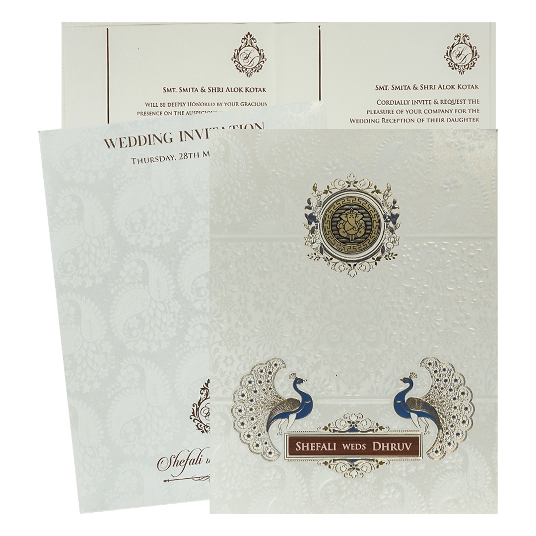White Ganesha Peacock Wedding card-KRE28430