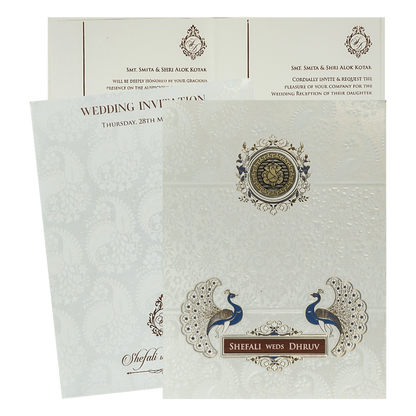 White Ganesha Peacock Wedding card-KRE28430