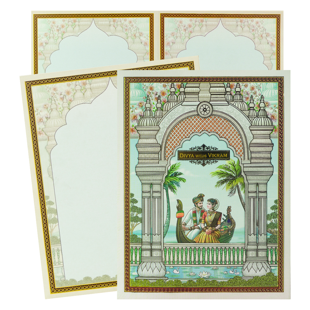 Blue Jharokha Boat Palms Wedding Card-KNKJ1156