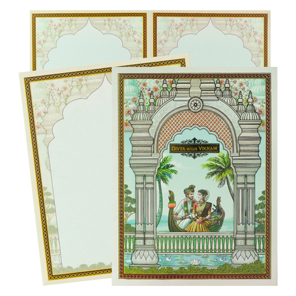 Blue Jharokha Boat Palms Wedding Card-KNKJ1156