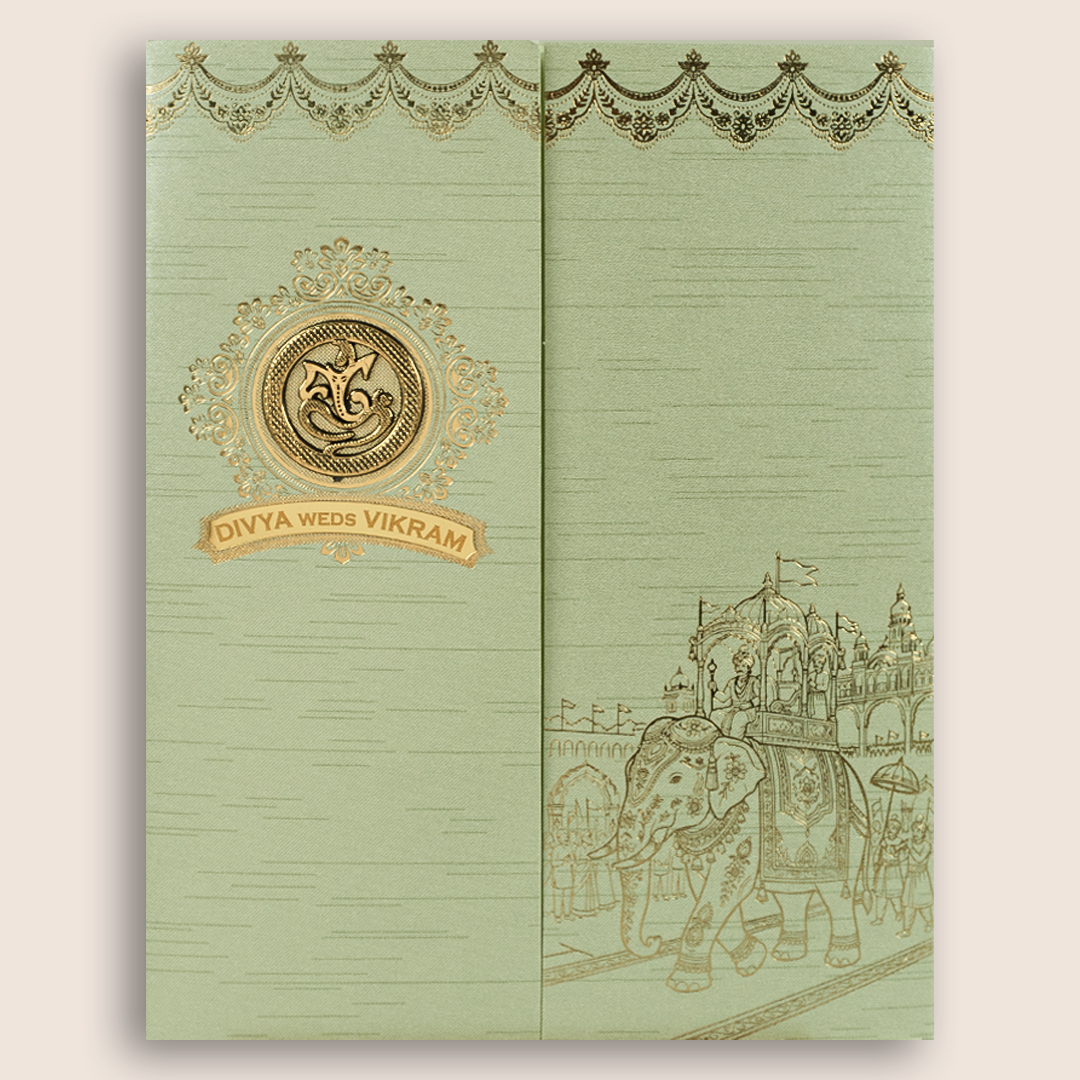 Green Royal Baraat Door Style Wedding Invitation Card - KNKR5037N
