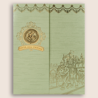 Green Royal Baraat Door Style Wedding Invitation Card - KNKR5037N