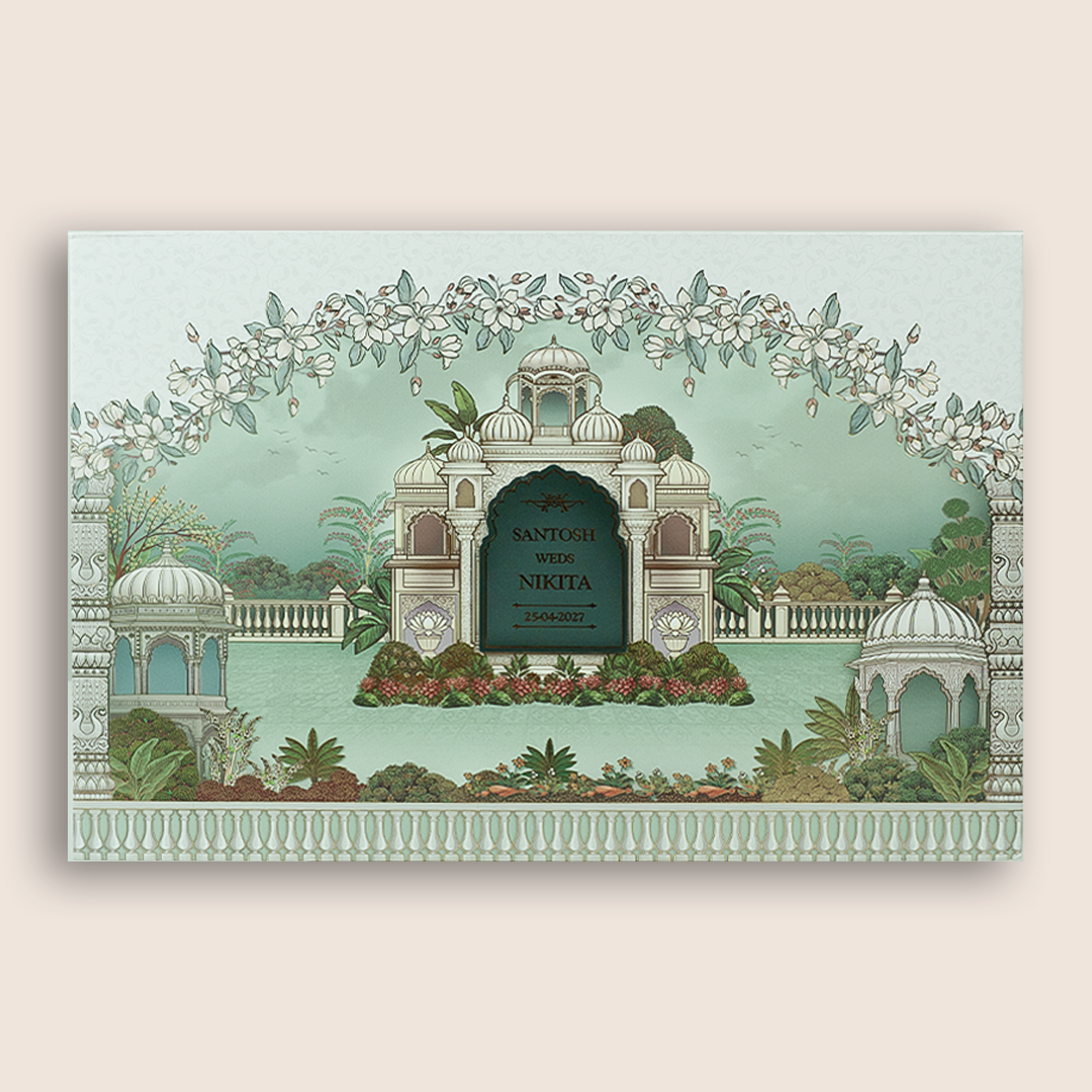 Green Floral Jharokha Palace Padded Wedding Card - KSH18810