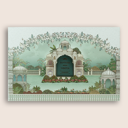 Green Floral Jharokha Palace Padded Wedding Card - KSH18810
