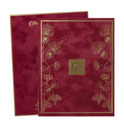 Maroon Floral Padded Wedding Card-KMMWD1156