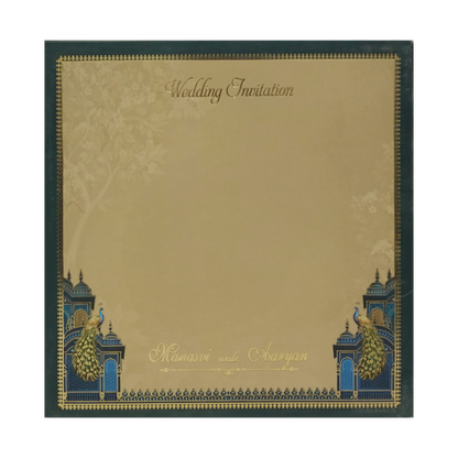 Royal Blue Gold Palace Peacock Padded Wedding Card - KMMEX8020