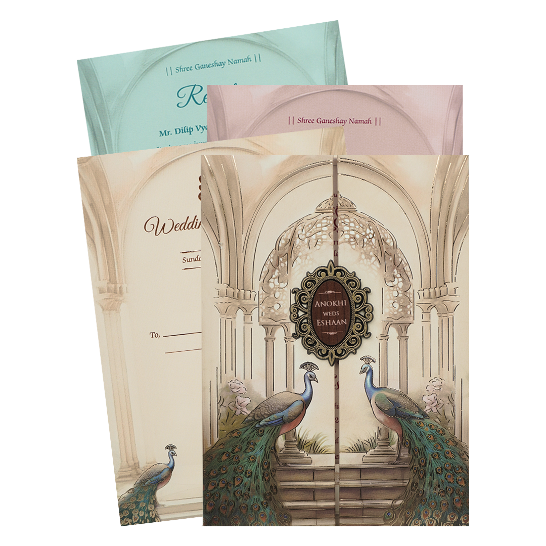 Check out Cream Peacock Arch Luxury Padded Wedding Card at best price. ?WhatsApp Support ?Express Delivery