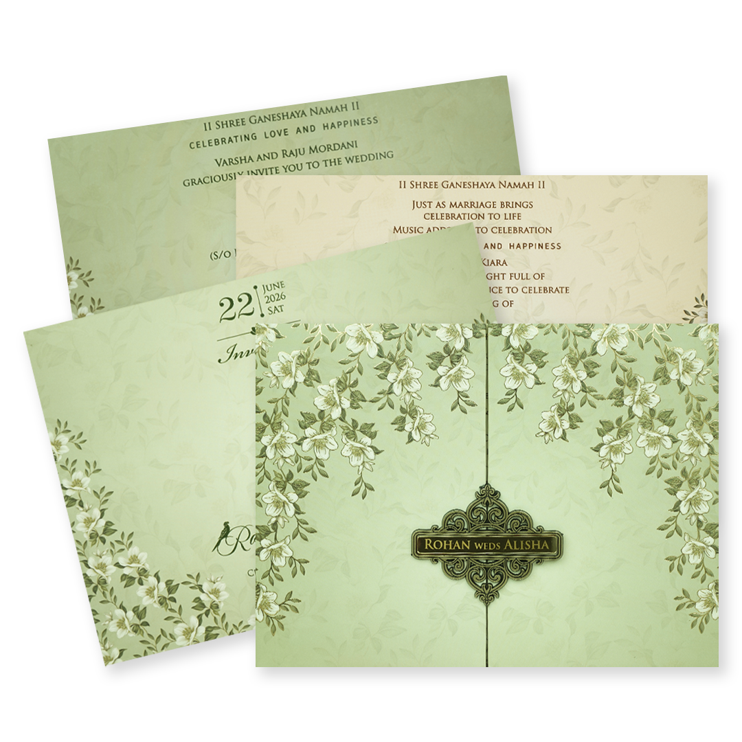 Mint Green Floral Padded Wedding Card-KFR15310