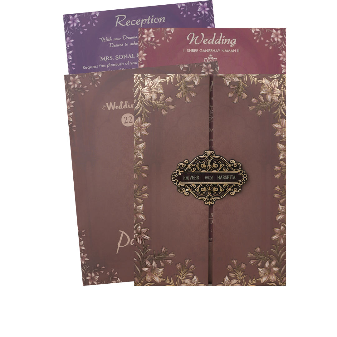 Brown Gold Floral Padded Wedding Card-KJTS1824