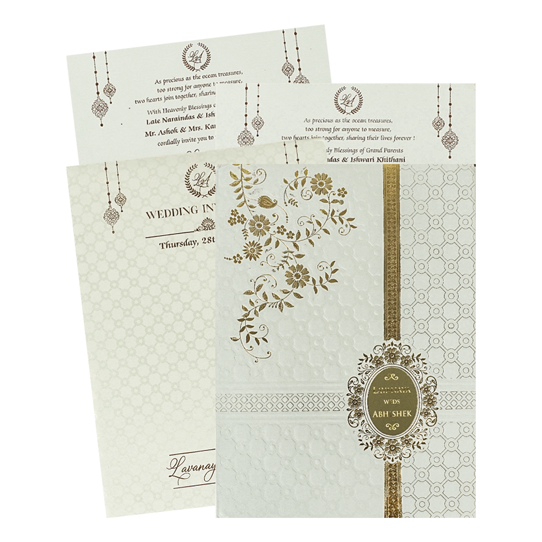 White Floral Geometric Gold Medallion Padded Wedding Card-KRE26340
