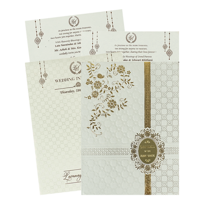 White Floral Geometric Gold Medallion Padded Wedding Card-KRE26340
