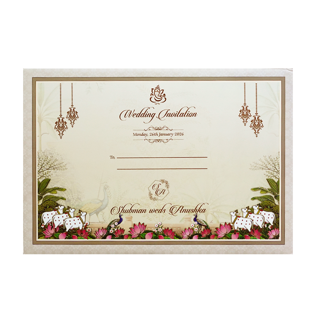 Pichwai Art Padded Embossed Wedding Invitation Card-KRB09610