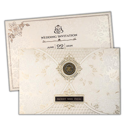 White Ganesha Floral Padded Wedding Card-KSH73530