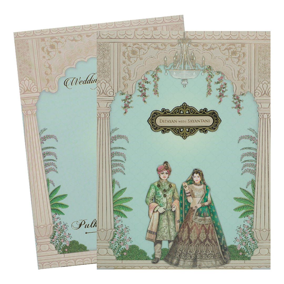 Pastel Blue Couple Padded Wedding Card-KJTS1729