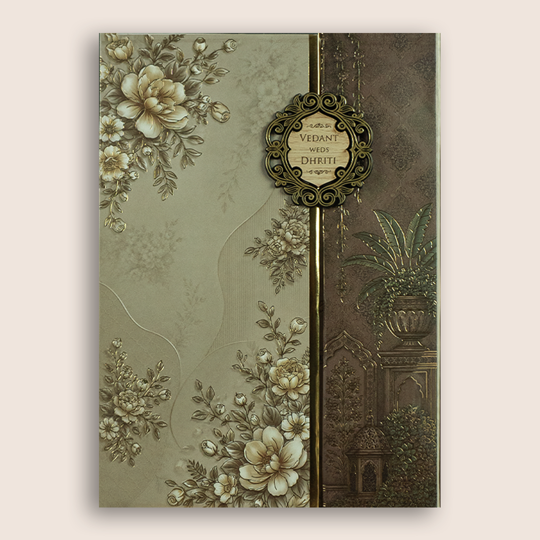 Beige Floral Padded Door Style Wedding Invitation - KSH18840