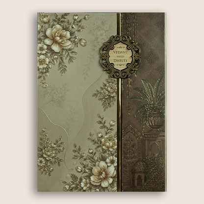 Beige Floral Padded Door Style Wedding Invitation - KSH18840