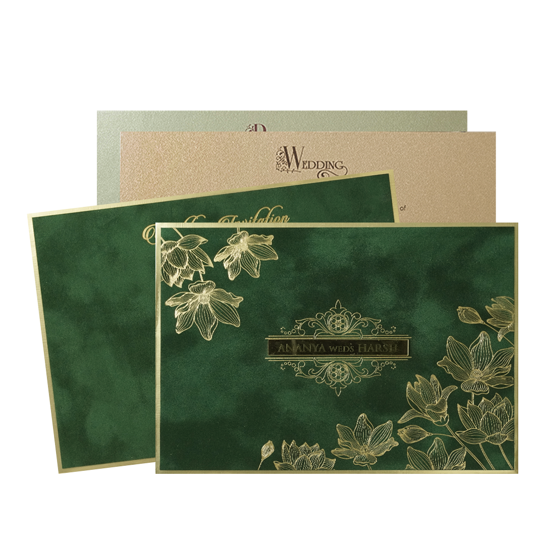 Dark Green Floral Padded Wedding Card-KMMWD1157