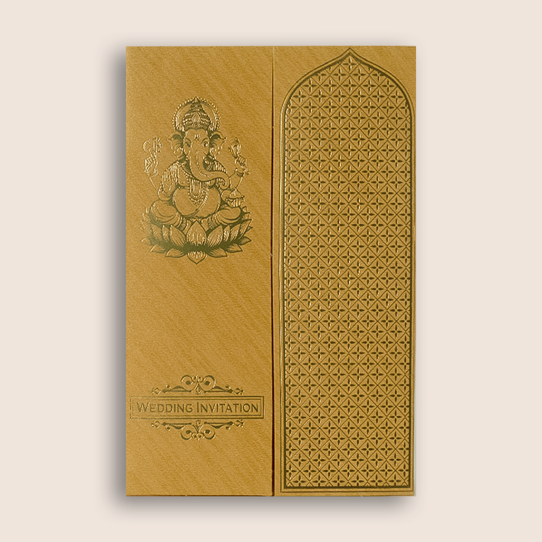 Brown Gold Ganesha Lattice Door Style Wedding Card - KNCM050G