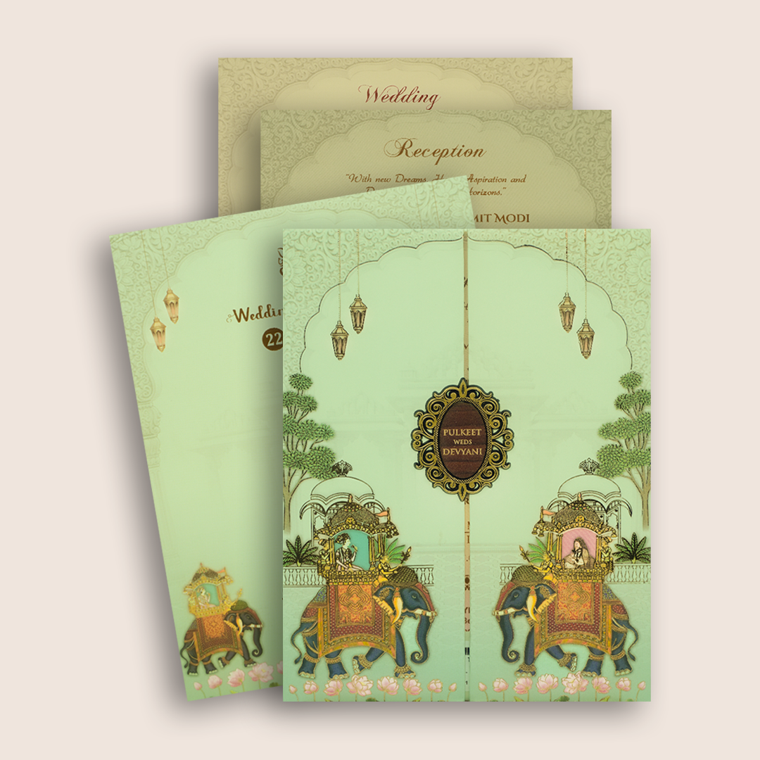 Pale Green Elephant Padded Door Style Wedding Card - KJTS1834