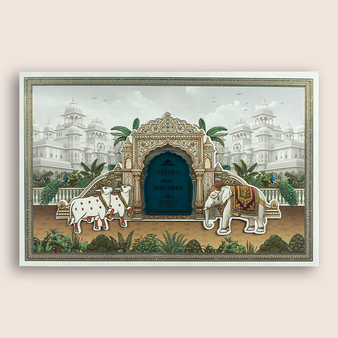White Elephant Kamadhenu Padded Wedding Invitation - KSH18120