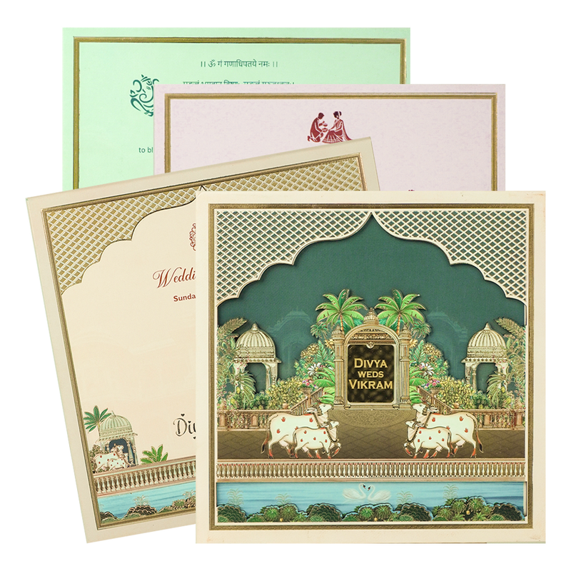 Navy Blue Kamadhenu Cow Padded Wedding Card-KNAM4901