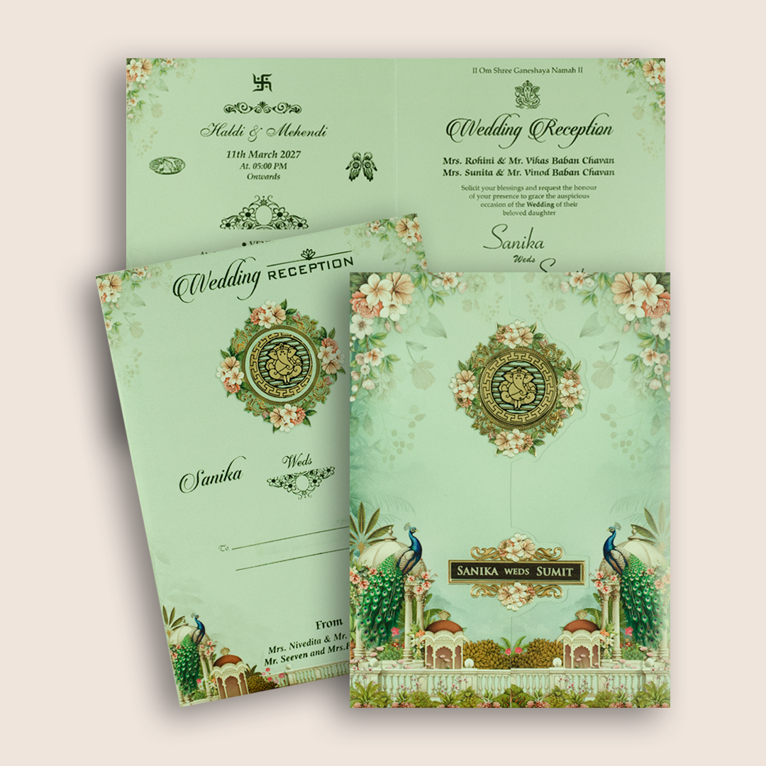Pastel Green Peacock Door Style Wedding Card - KSH27130